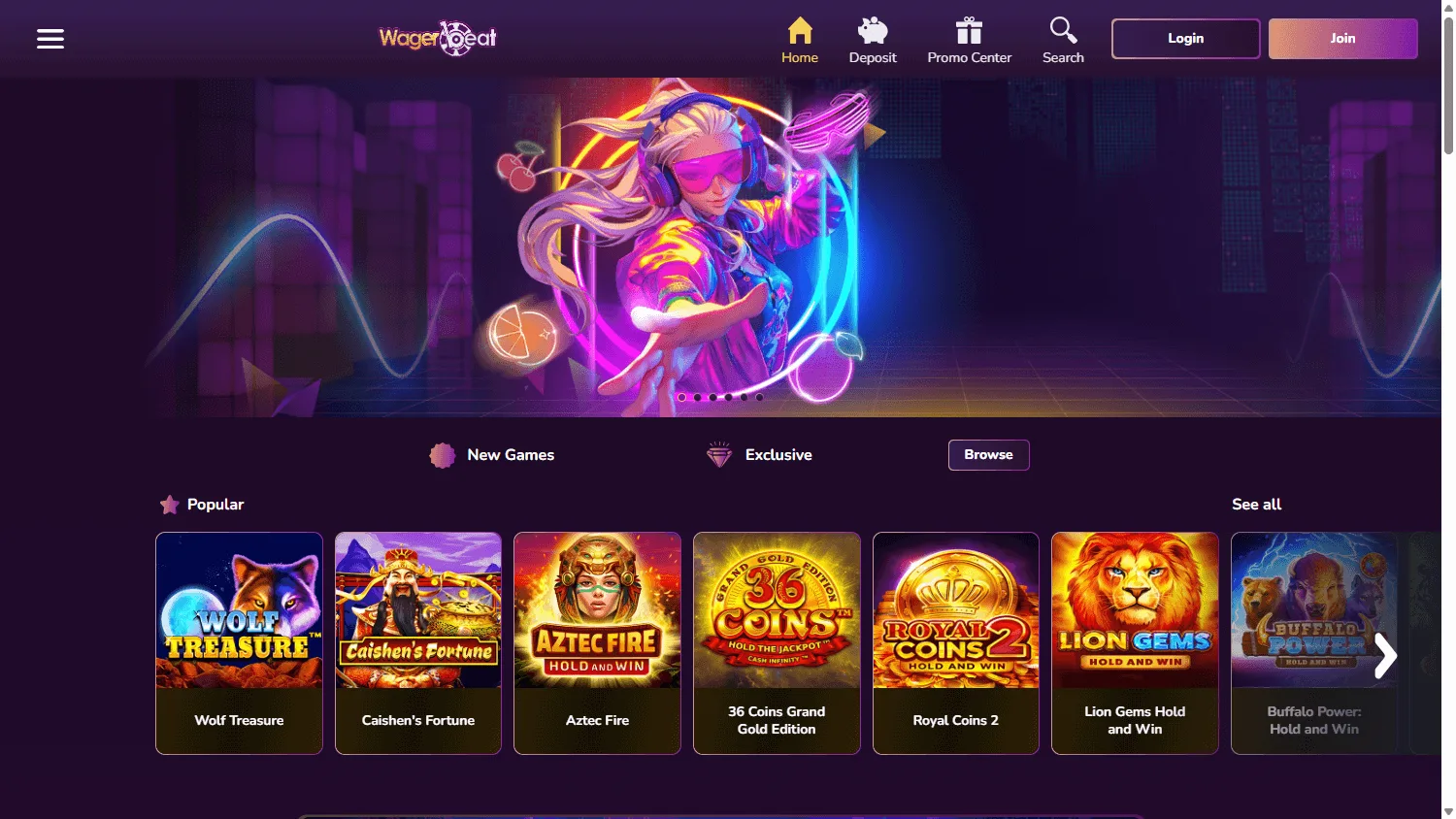 Wager Beat Casino desktop home with casino entertainment and account options