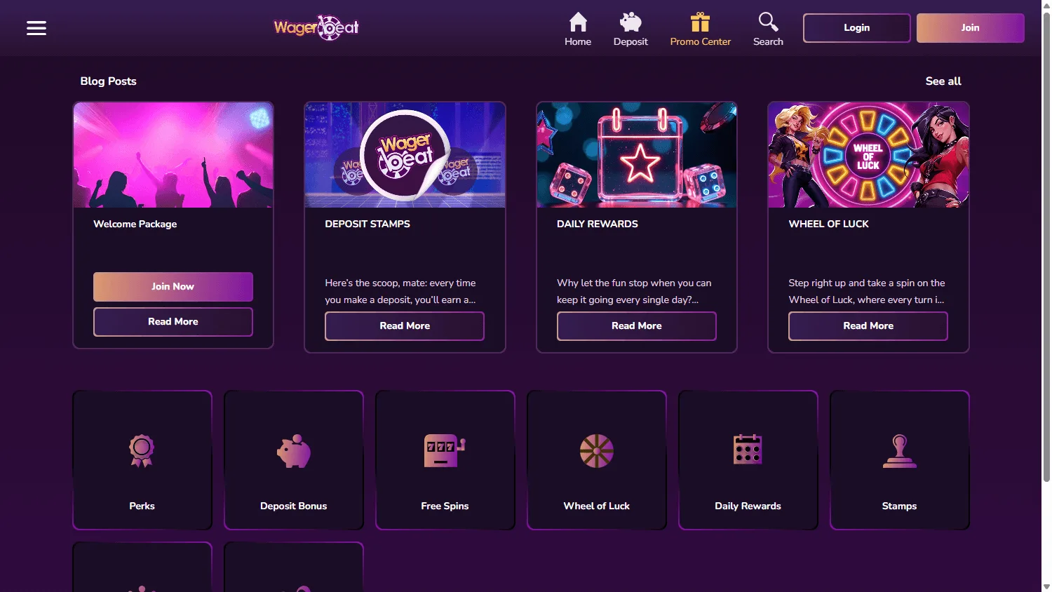 Wager Beat Casino desktop promotions with deposit bonuses and free spins